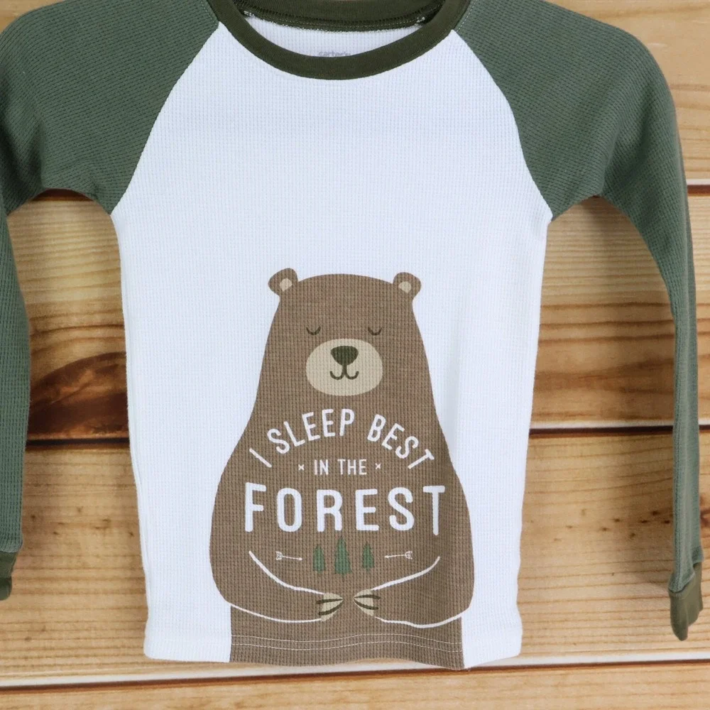 Carter's Pajama Outfit Set Pants Shirt Boys 6 Green‎ Camouflage Bear Fleece Soft